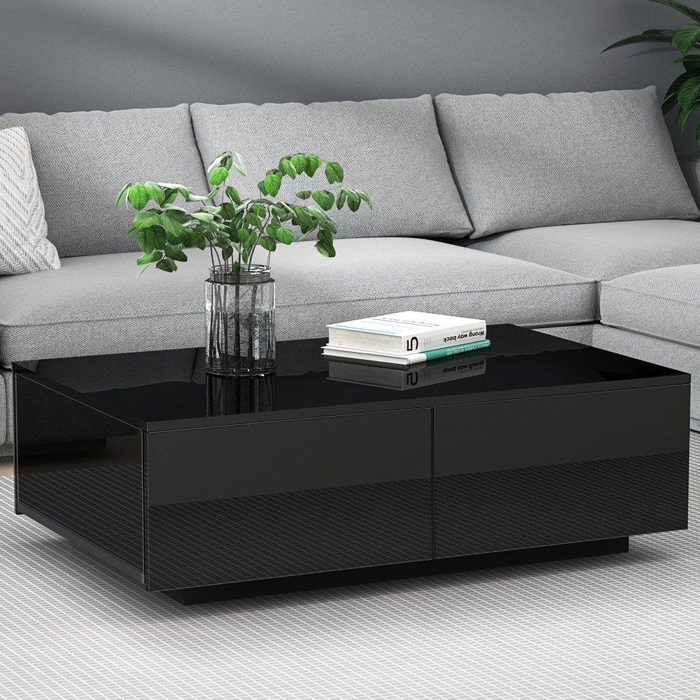 TEMU Mother's Day Gift Modern Coffee Table 4 Storage Drawers High Gloss Tables Wooden Black