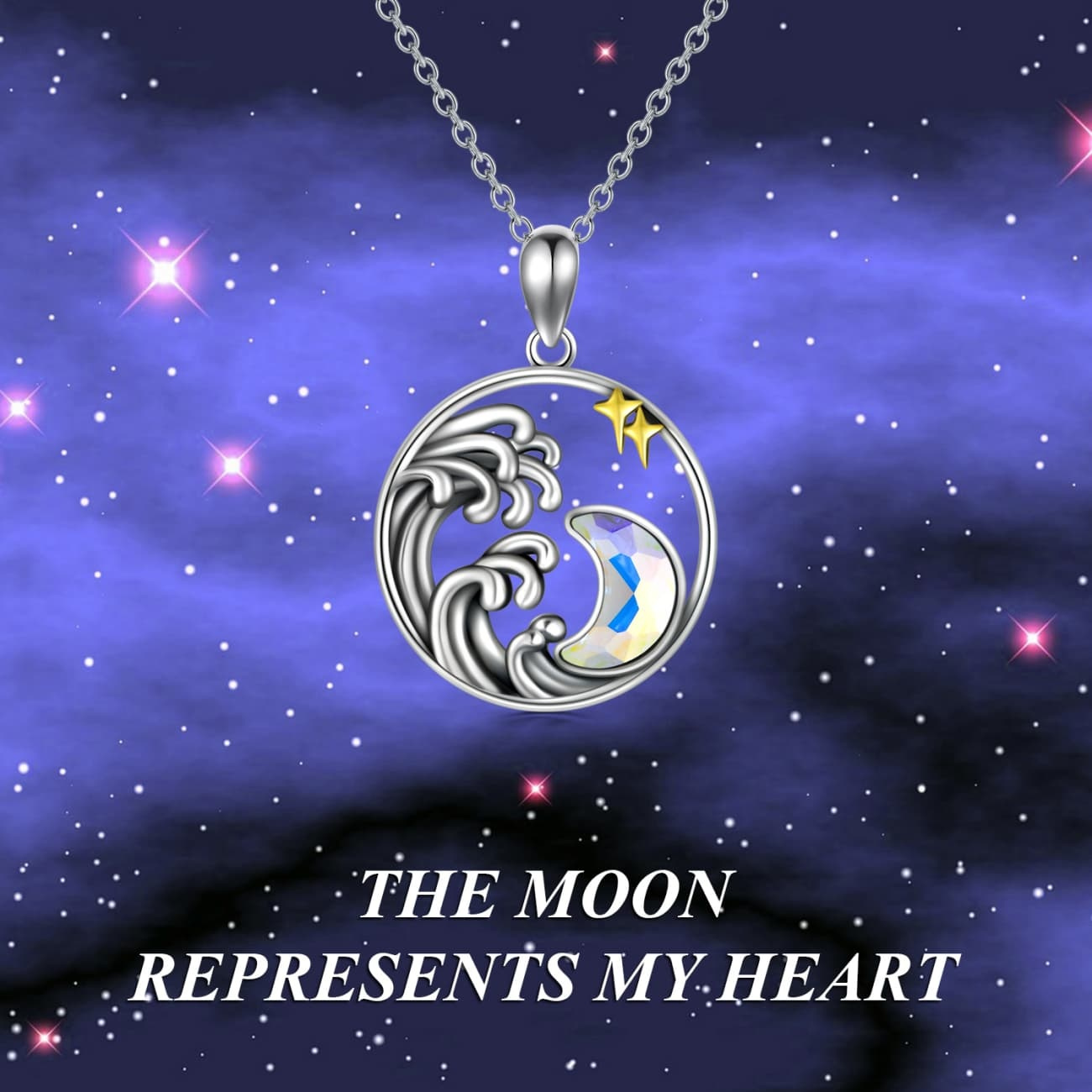 Crystal Moon Star Necklace with Aurora Borealis Pendant