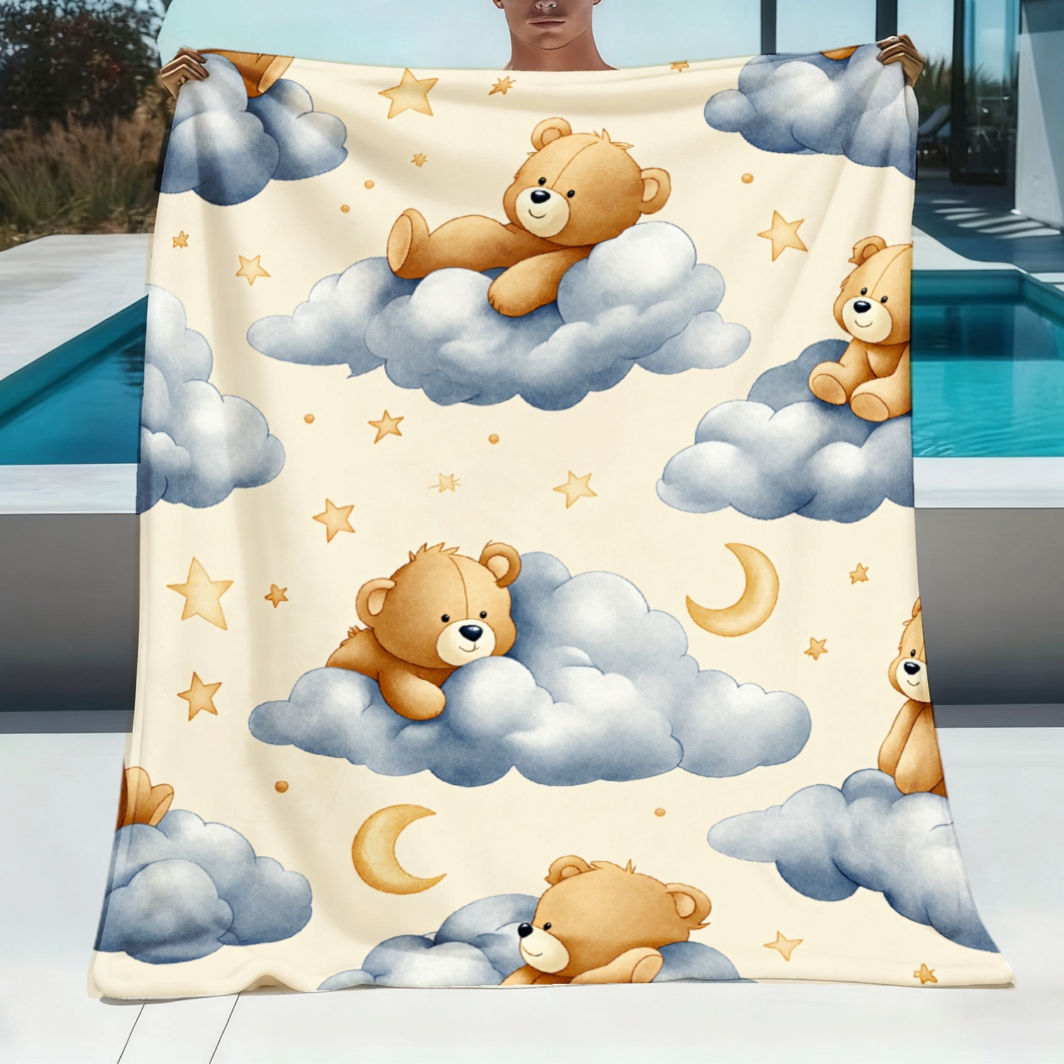 1pc Teddy Clouds & Stars Print Flannel Bedspread - Soft Cozy Bed Cover Suitable For Room, Dorm,, Comfortable Bedspread, Machine Washable Contemporary Bedspread