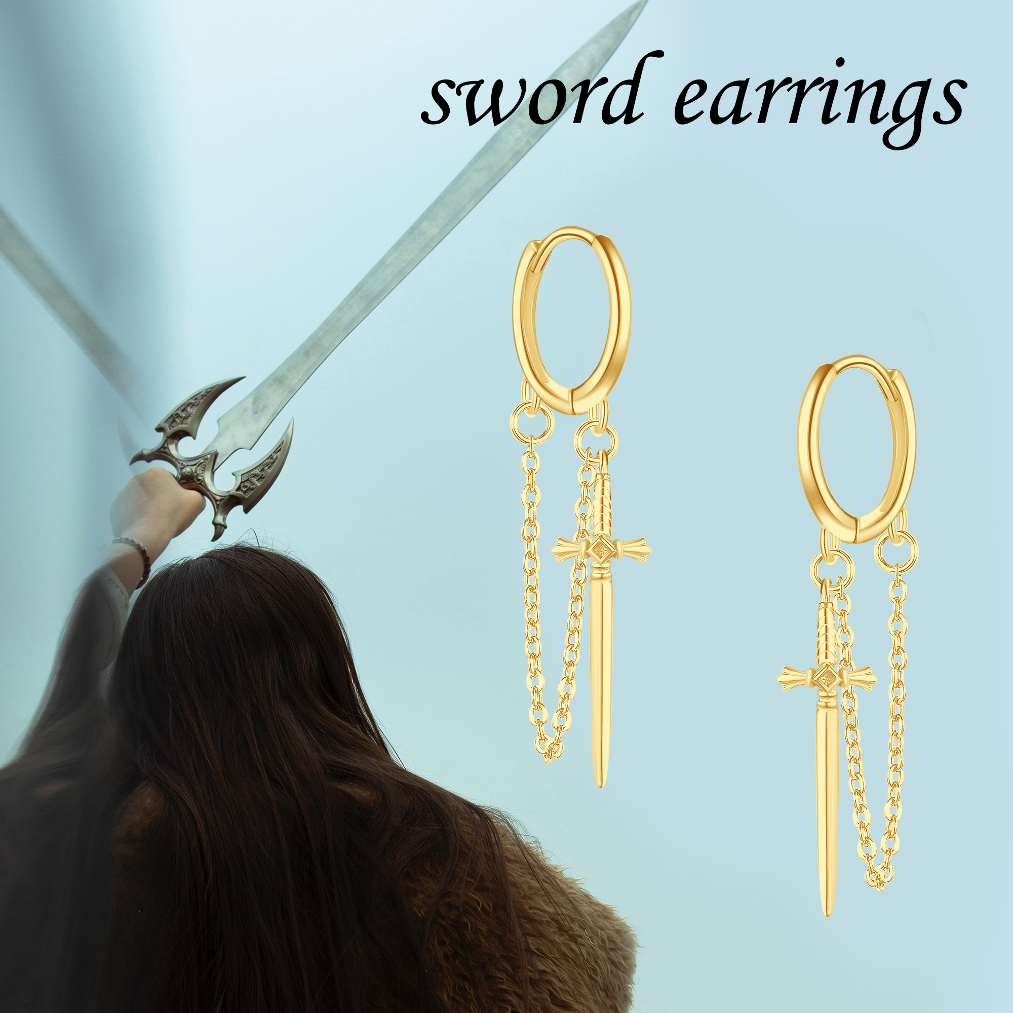 Men's 925 Sterling Silver Sword Earrings, 18K Golden Plated