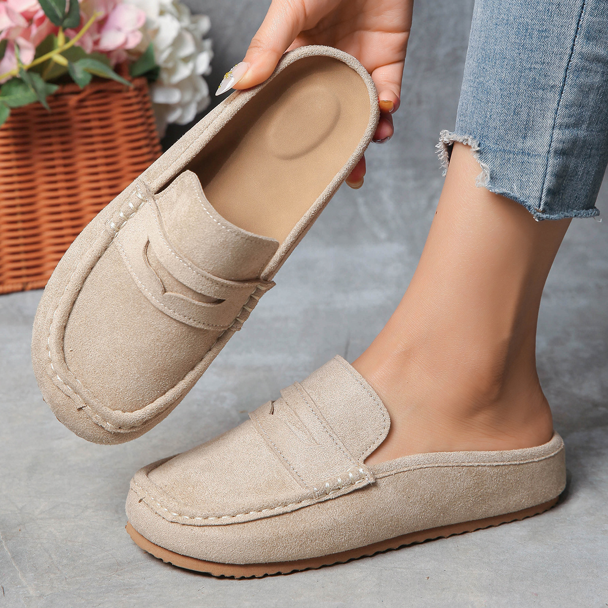 TEMU Mocassins rétro pour femmes, sandales décontractées à enfiler à bout fermé, chaussures plates confortables et antidérapantes, chaussures légères