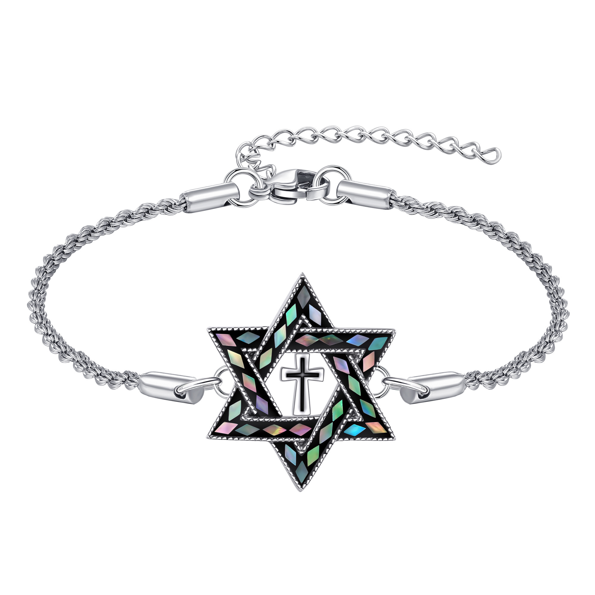 Sterling Silver Star of David Bracelet Cross