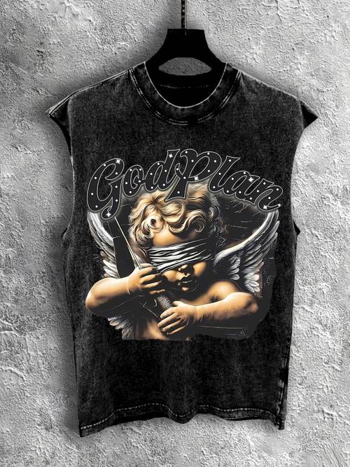 mens godplan vintage graphic distressed sleeveless tank top loose fit retro streetwear vest black summer shirt suitable for casual wear teen hand washable round neck tunic