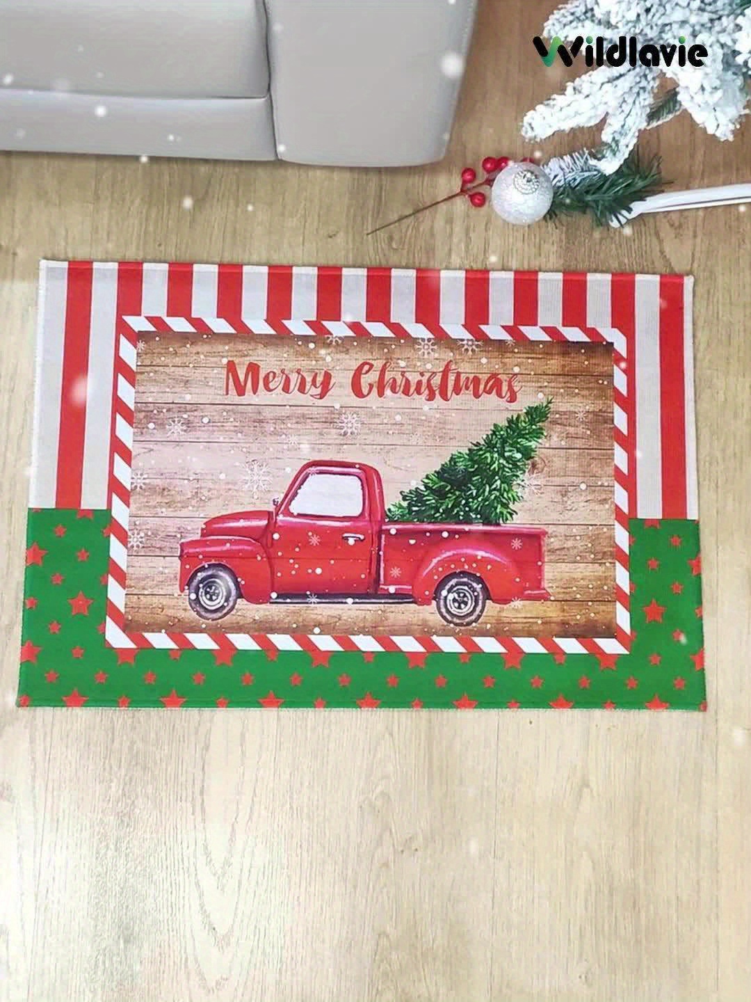 Christmas Door Mat Indoor Entrance Christmas Winter Scenery Red Truck Pull  Xmas Tree on Wooden Grain Front Door Mat Non-Slip Absorbent Kitchen Doormat