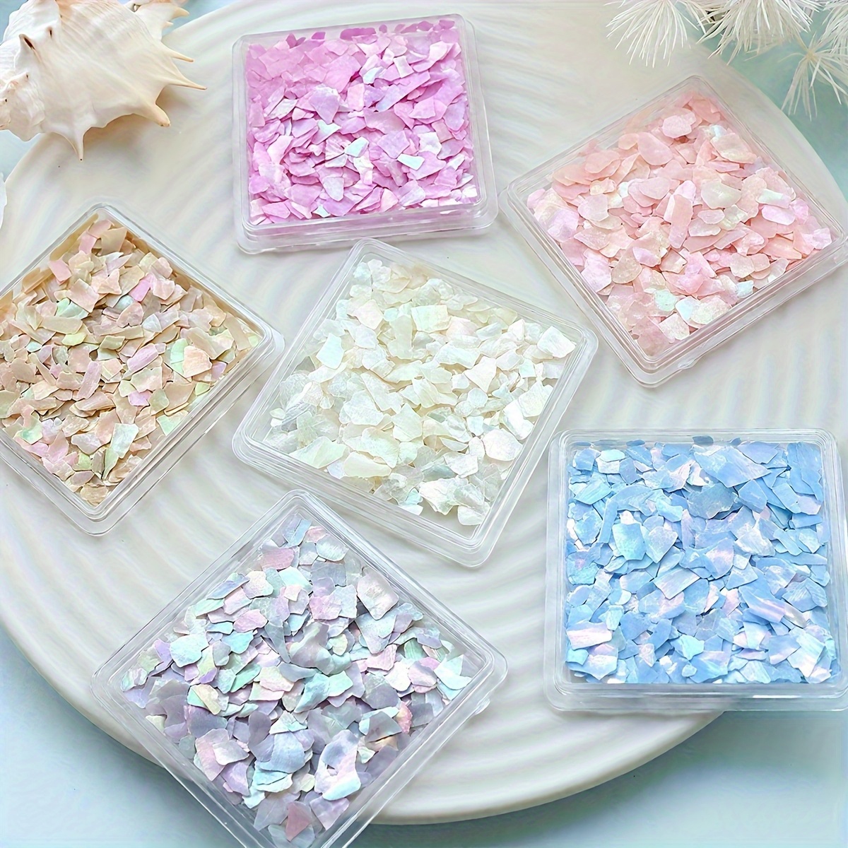 TEMU 6 Boxes Shiny Northern Lights Shell Pieces - Iridescent Multicolor Epoxy Resin Craft Shells, Irregular Translucent/transparent With (pink, Blue,