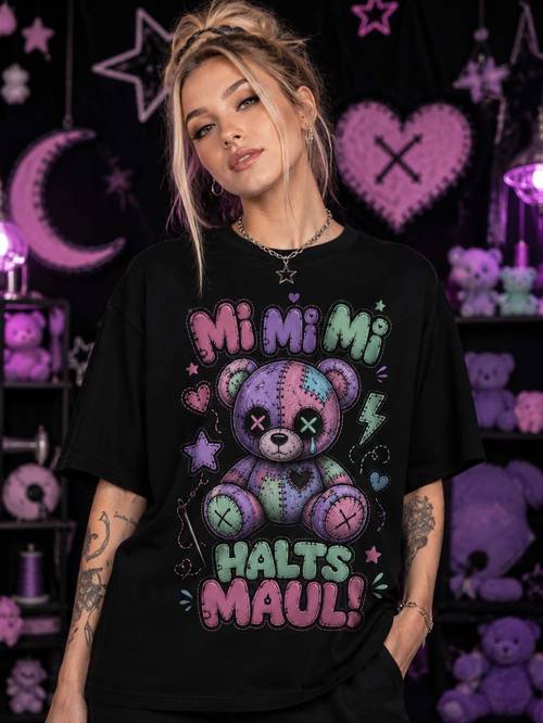 item picture mi mi mi halter neck stitched teddy bear graphic women loose t shirt casual short sleeve black oversized tee daily wear festival gift