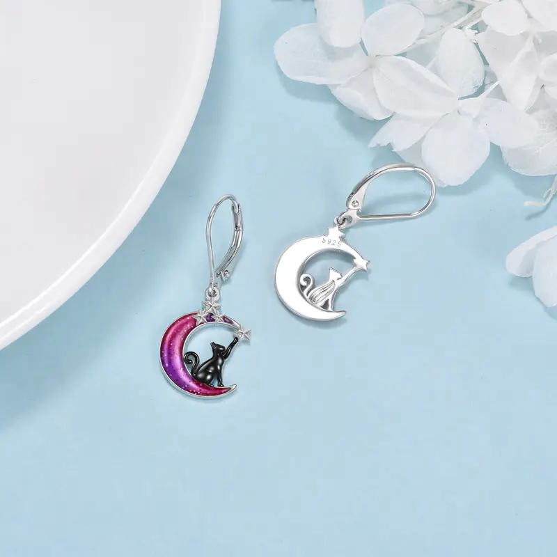 colorful moon cat earrings 925 sterling   cat moon leverback dangle earrings Product details 3