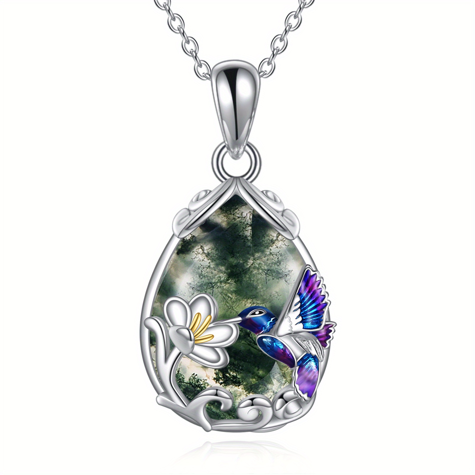 Women's S925 Sterling Silver Hummingbird Moss Agate Necklace