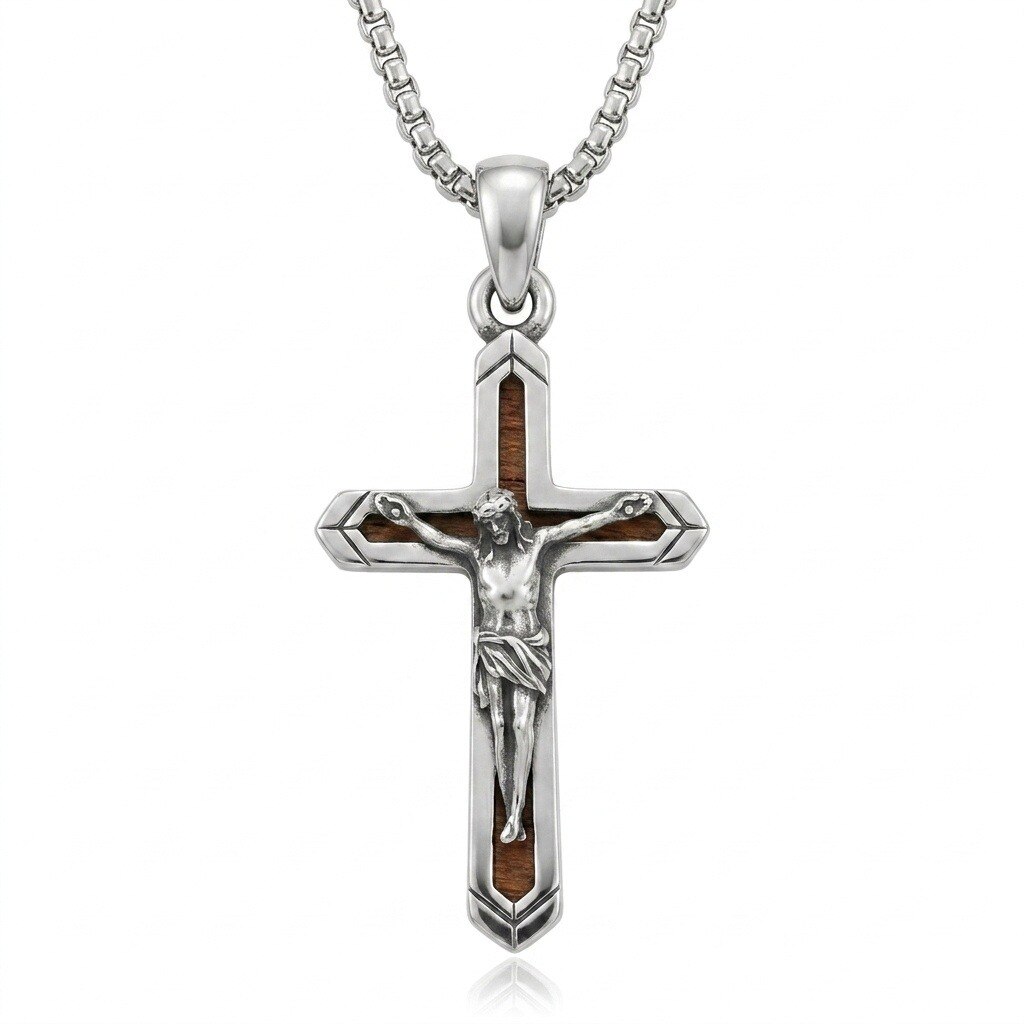 Image of 925 Sterling Silver Wooden Cross Necklace For Men And Women's Everyday Wear, Birthday And Christmas Gifts, Meaningful Present