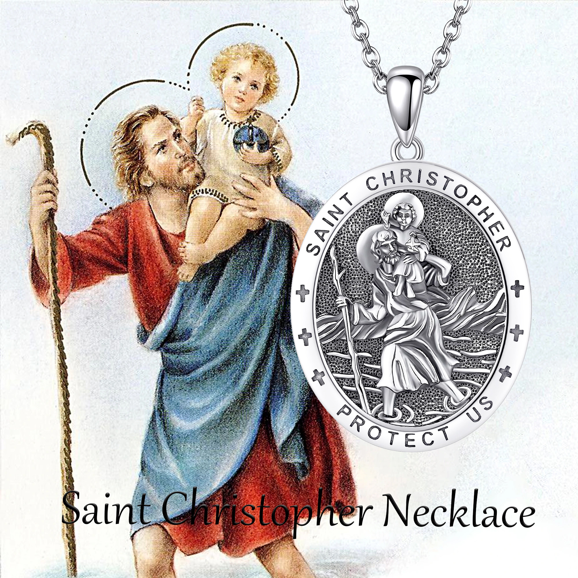 925 Sterling Silver St Christopher Medal Pendant Necklace, Protection Amulet