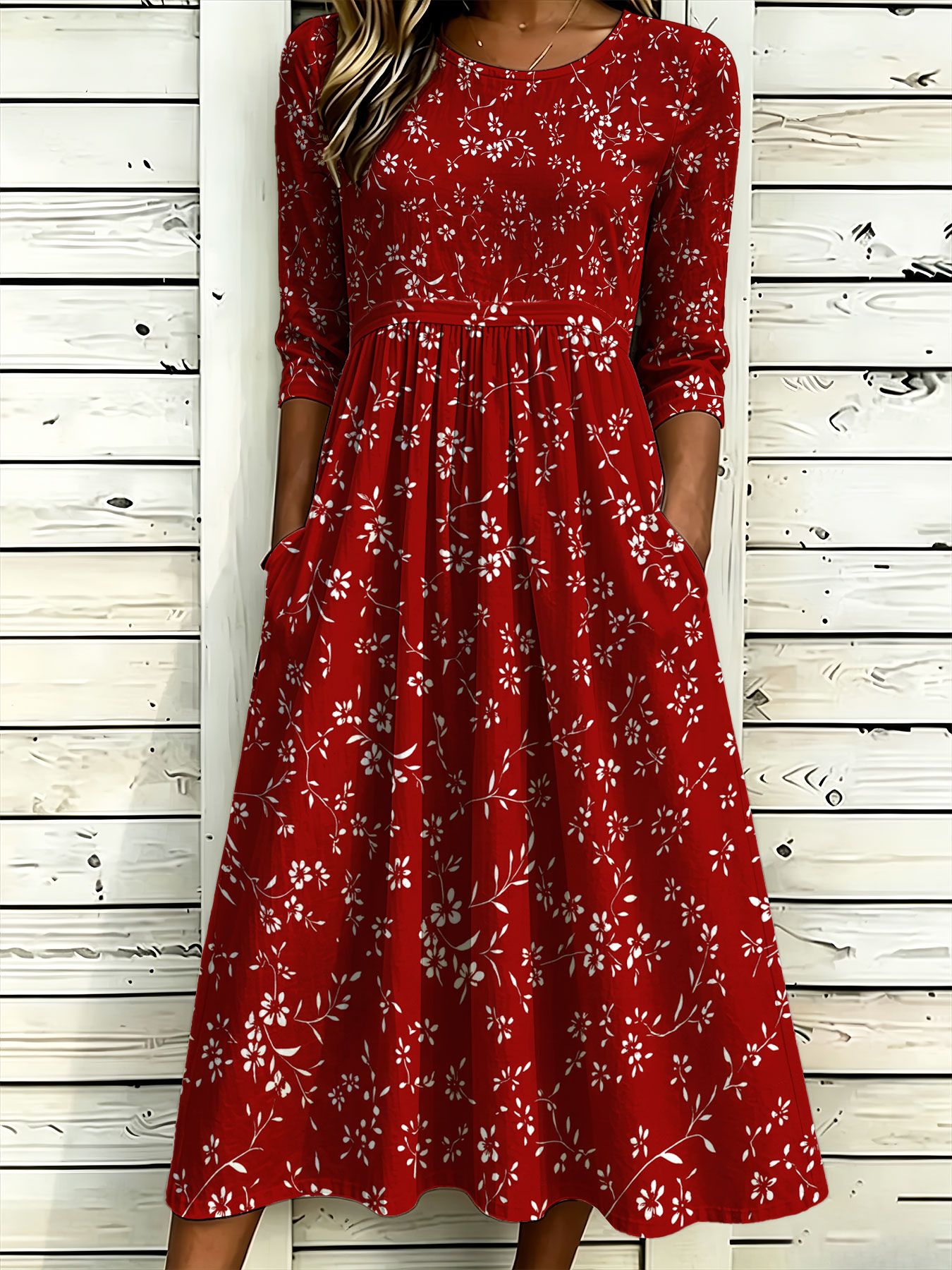 item picture womens elegant red dress with white floral pattern prints floral print short sleeve round neck dress with pockets summer casual loose fit dress round neck three quarter sleeve pocket dress