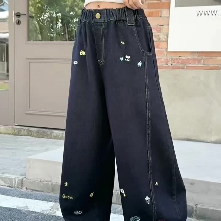 Girls' Embroidered Blue Jeans for Autumn & Spring