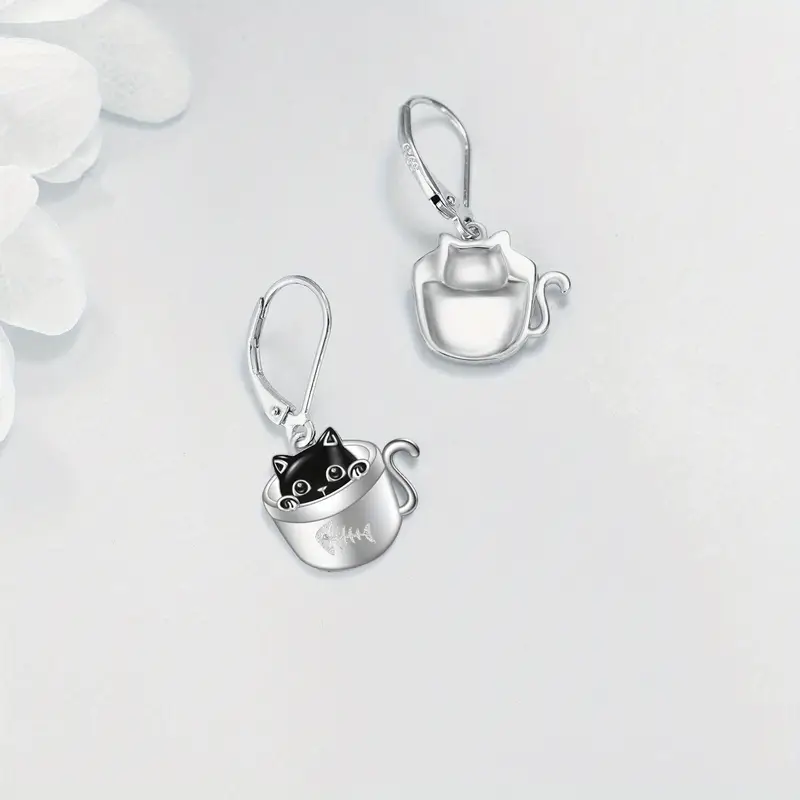 womens cat earrings 925 sterling silvery cup black cat dangle earrings cute animal earrings womens jewelry Product details 0