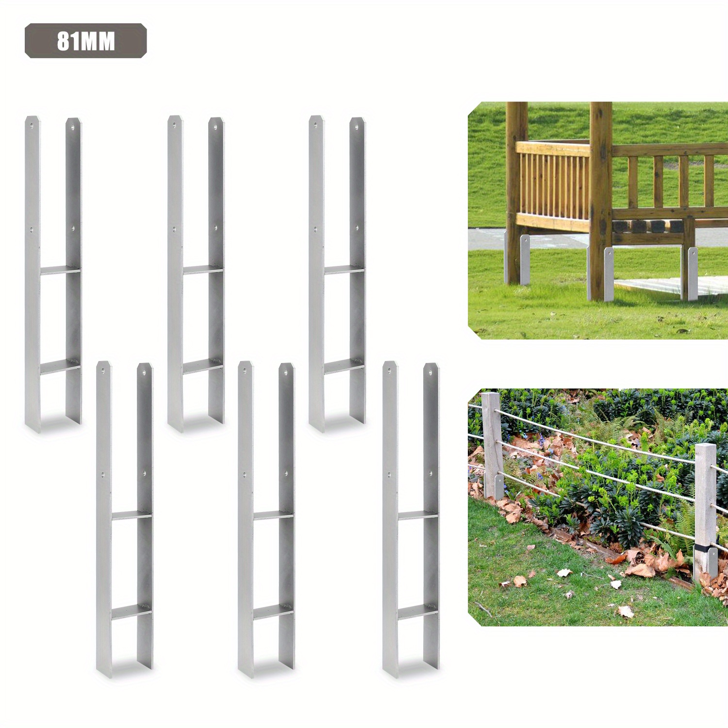 E-shop 6er-Set Sonnewelt H-Form Pfostenstützen, 5mm Dick, 81mm Gabelbreite - Ideal für Zäune, Carports, -Häuser | Langlebige Metallkonstruktion mit