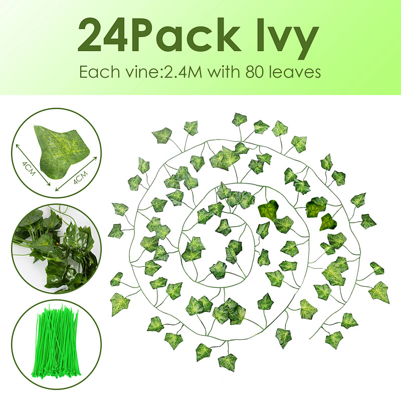 Image of 24pack Artificial Ivy Garland 2.4m Realistic Leaves Artificial Ivy Garland Leaves For Wedding, Party, Home Decor, Wall Background Fake Greenery Plants Wedding Backdrop Decor