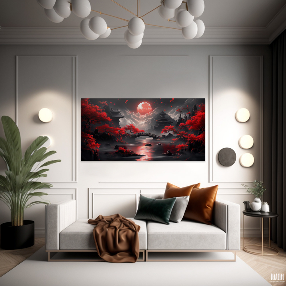2D Flat, 2D Flat, Framed Canvas Artwork Featuring a Red Moon And Pagoda, 1.5-Inch Frame, Ideal for Decorating Bathrooms, Living Rooms, Kitchens, Bedrooms, And Offices with High-Quality Modern Prints
