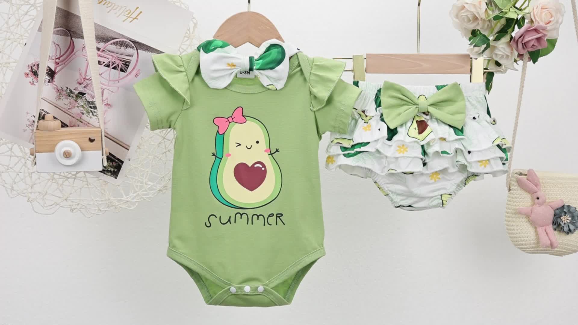 3pcs Baby Girl Clothes Infant Cotton Outfits - Avocado/sunflower Graphic  Lovely Romper + Cute Bow Shorts Dress + Headband Summer Clothing Set