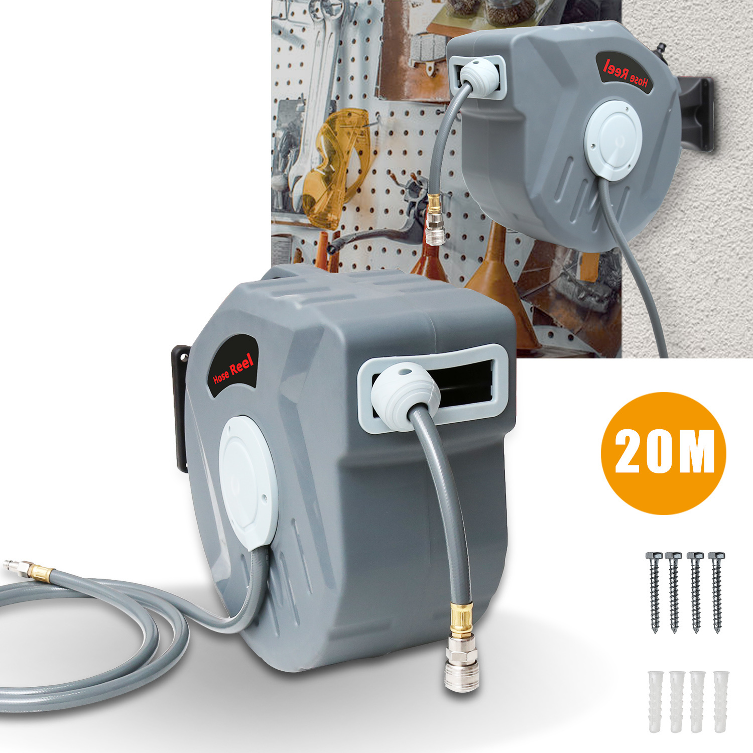 20m/30m Compressed Air Hose Reel, Fitted With A 1/4 Inch Coupling, Pressure: 18 Bar, Suitable For Use In Compressor Rooms, With A Wall-mounted Bracket That Rotates 180°