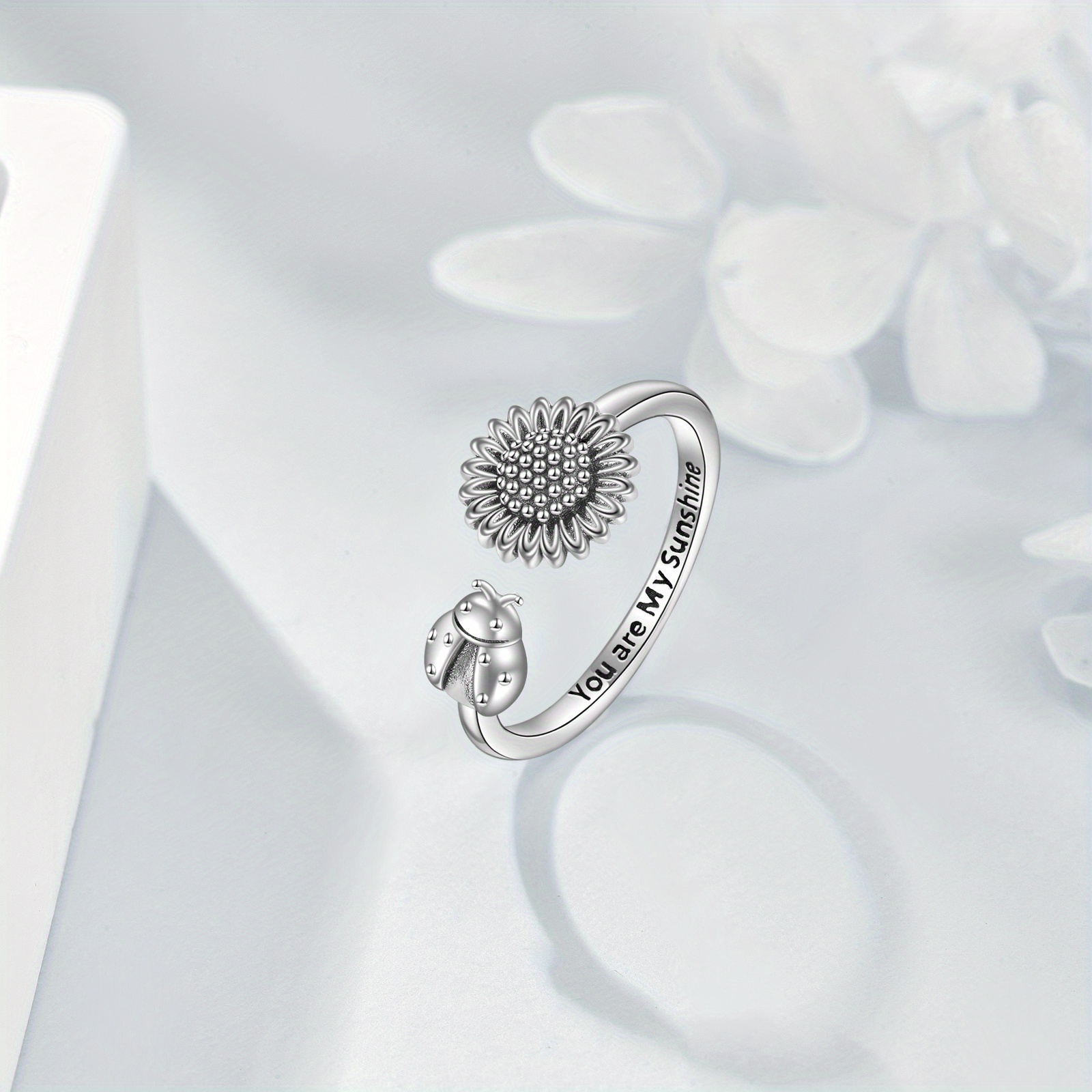 Sunflower Ladybug Ring Vintage Sterling Silver Adjustable
