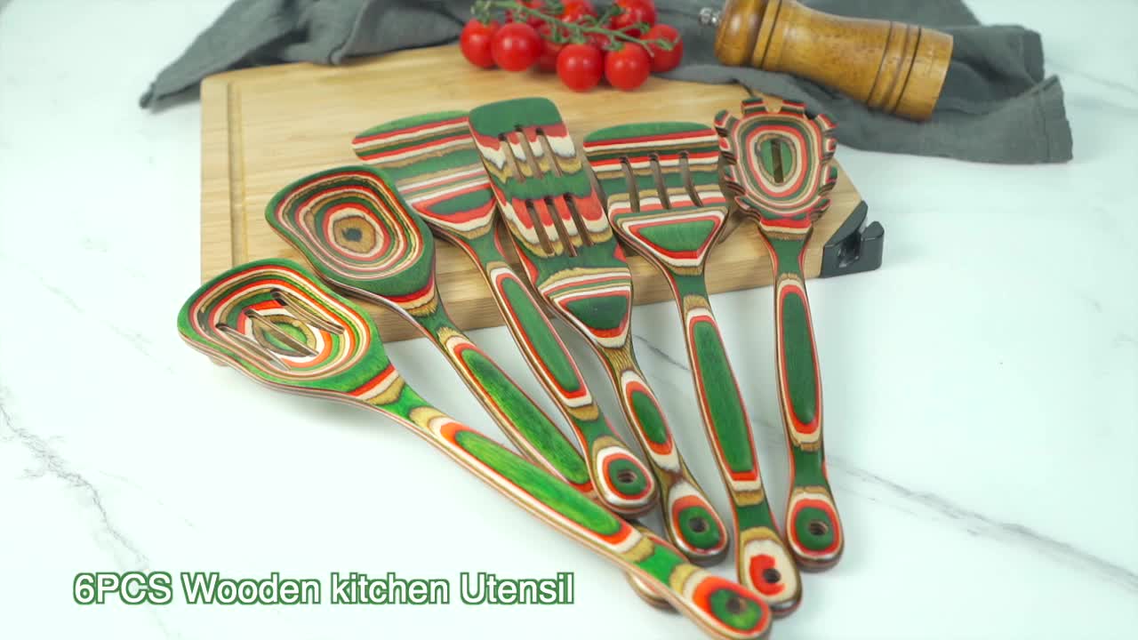 Island Bamboo Rainbow Pakka Wood 7-Piece Kitchen Utensil Set Cooking Spoons  Tool