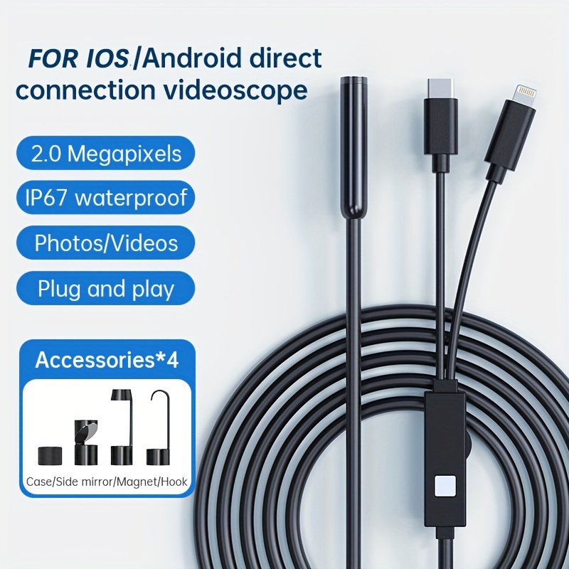 3-in-1 High Definition Industrial Endoscope, Supports Android & Ios System,  6led Lights, Wifi Connection, Photo & Video, Usb, Classic Black Pipe  Camera, Suitable For Car, Air Conditioner Interior, Industrial Pipe  Inspection, With