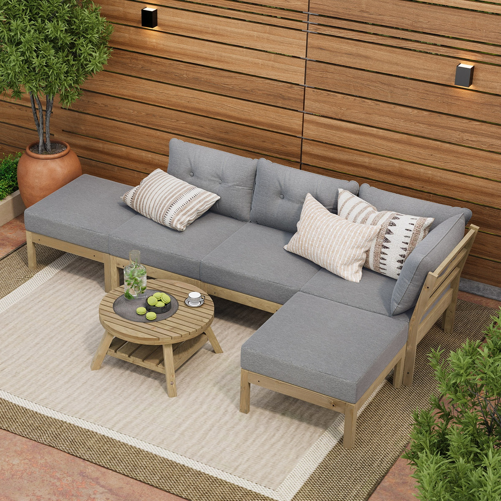 TEMU 6pcs Outdoor L-shaped Sofa Set With Coffee Table & Ottoman - Heavy-duty Wood Furniture, Grey Cushions, Modular Sectional (expandable To 5+pcs),