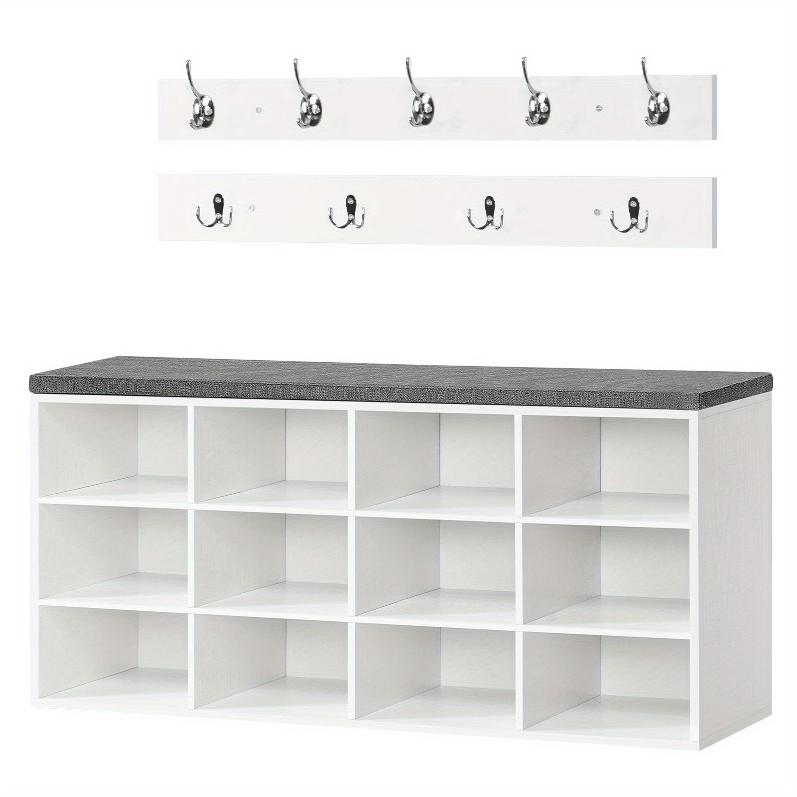 Image of Wardrobe Shoe Rack Set, Shoe Bench With 12 Compartments, Shoe Rack With Upholstered Bench, Wall-mounted Wardrobe With 9 Hooks, Shoe Cabinet For Hallway, Entrance Area, Bedroom, Wardrobe For Hallway