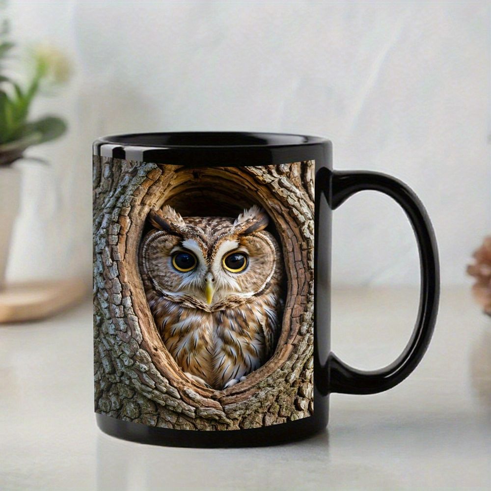 TEMU Owl-shaped Mug | Black Ceramic Coffee Cup, Cute And Wood Grain Design, 11 Ounces, Durable, Realistic Owl Face, Owl-themed Birthday And Christmas