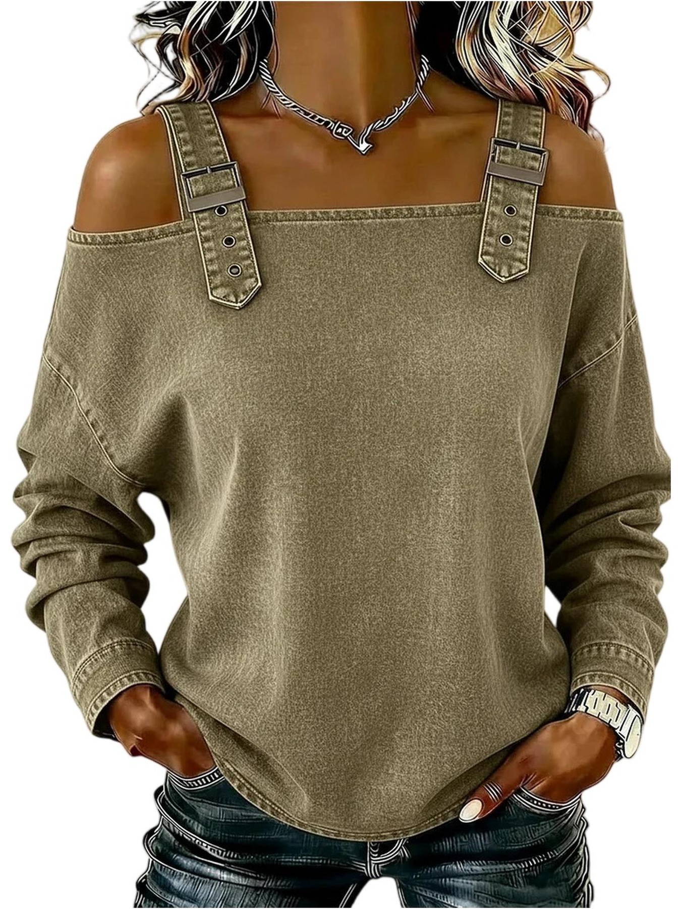 Chic Shoulder Long Sleeve Top Spaghetti Straps Perfect