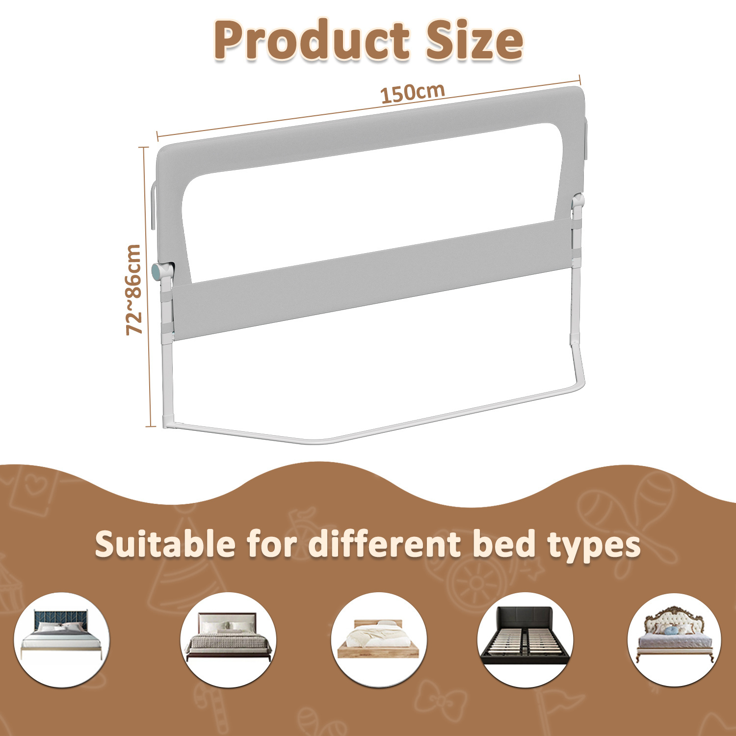 TEMU letto 150/180/200 cm a chiusura rapida, protezione anticaduta per letto a molle, montaggio pieghevole, protezione anticaduta (grigio)