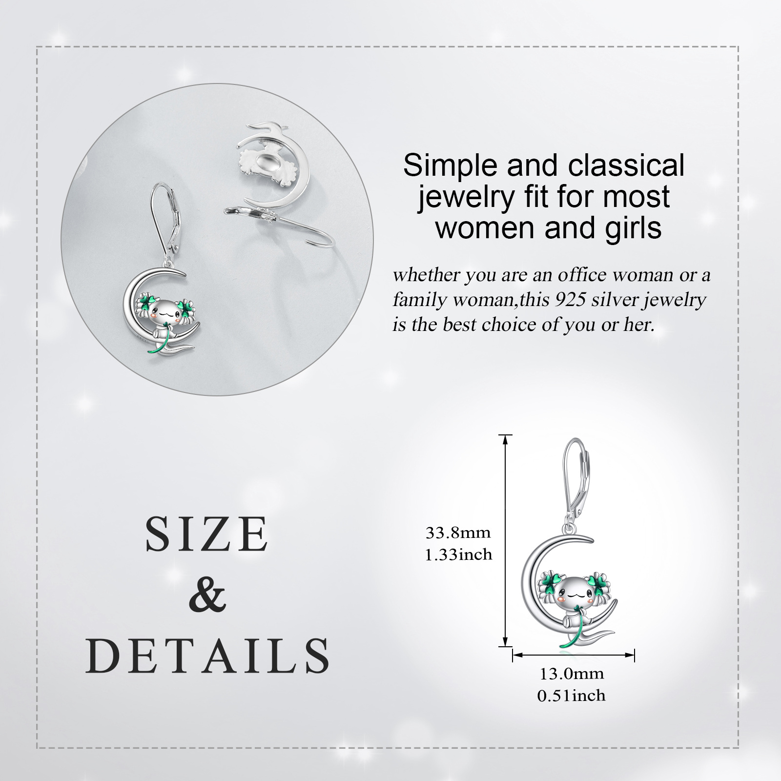 Women's 925 Sterling Silver Axolotl Moon Drop Earrings, Christmas Gift