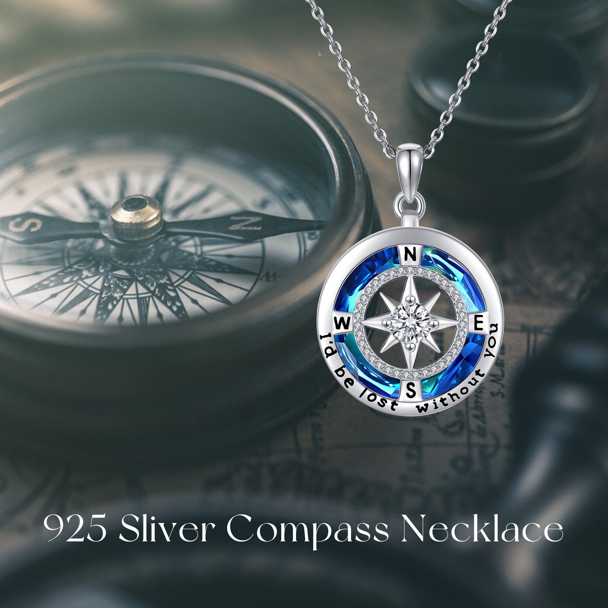 1pc S925 Sterling Silvery Pendant Ladies' Compass Necklace With Synthetic Zirconia, Elegant And Retro Ladies' Necklace, Couple Necklace, Birthday Gift, Christmas Gift