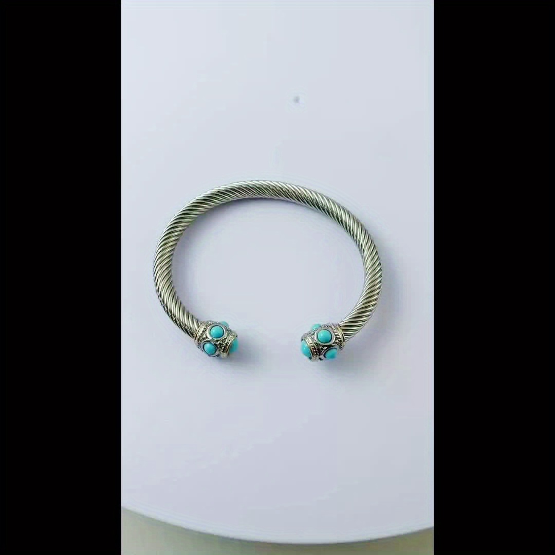 Women's Vintage Blue Synthetic Stone Open Bangle Bracelet, Adjustable