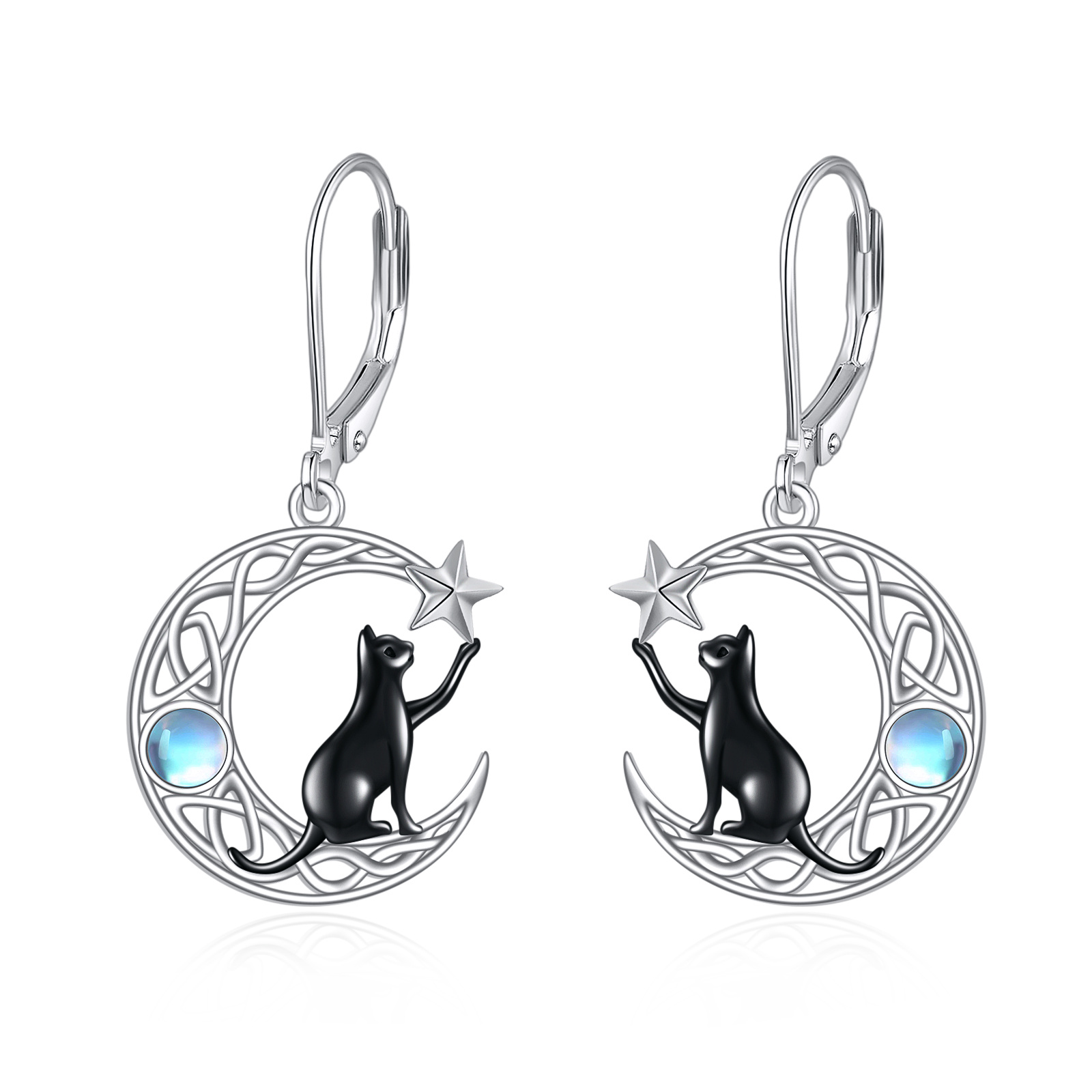 Women's 925 Sterling Silver Celtic Moon Cat Leverback Earrings with Moonstone
