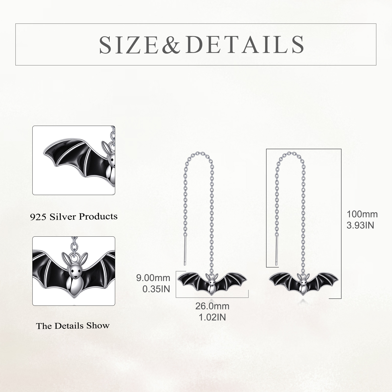 Halloween Bat Threader Earrings in 925 Sterling Silver