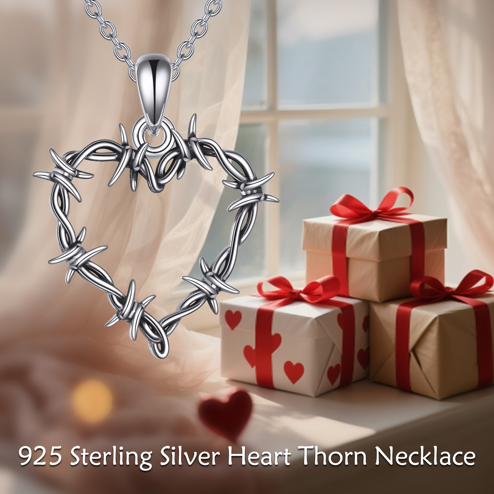 925 Sterling Silver Heart Thorn Necklace, Meaningful Gift