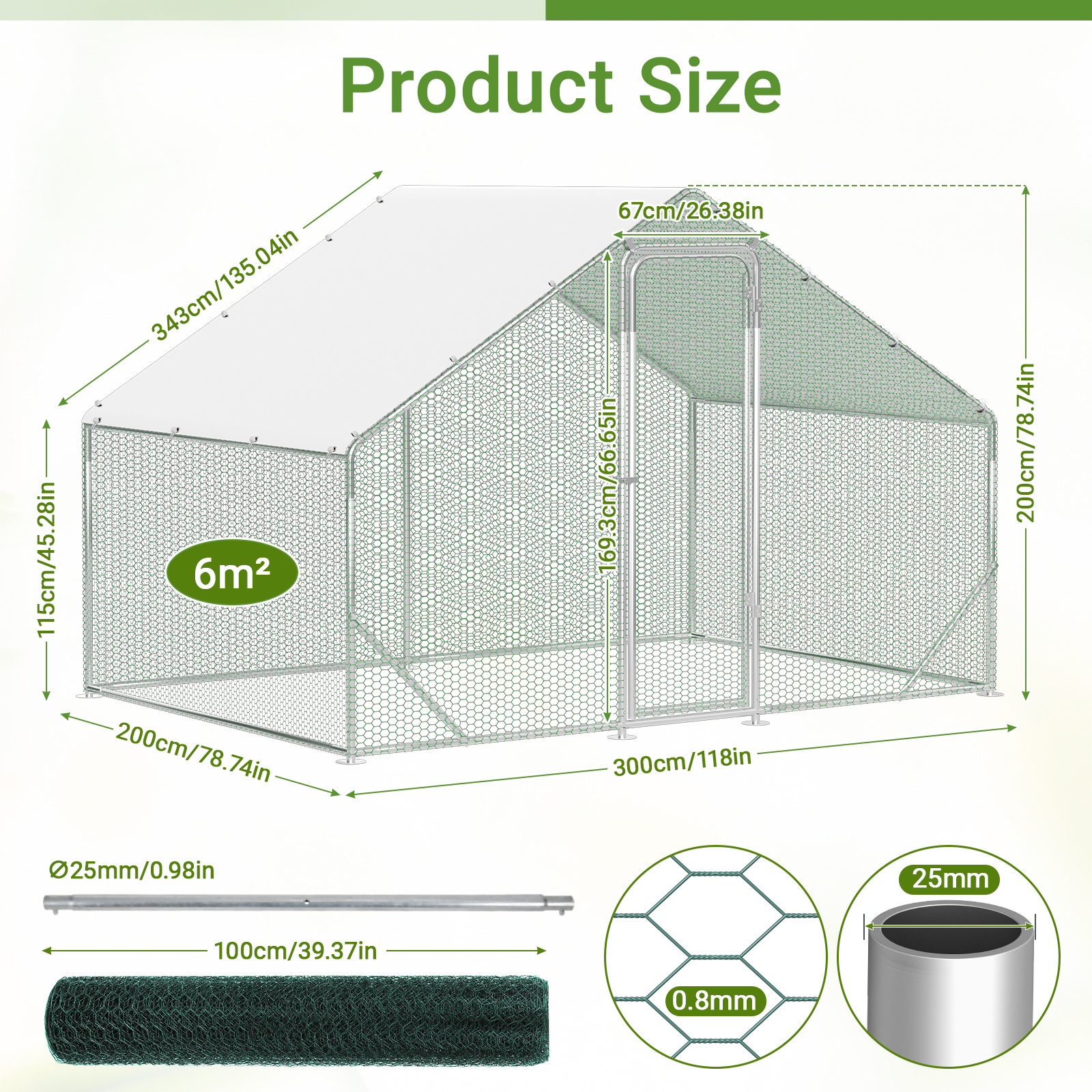 Chicken Coop With Roof, 3x8x2m/ 3x6x2m/ 3x4x2m/ 3x3x2m/ 3x2x 2m, Alloy Steel For Small Animals, Chicken Coop Roofs, Small Animal Chicken Coops With Sunroofs And Cage Doors