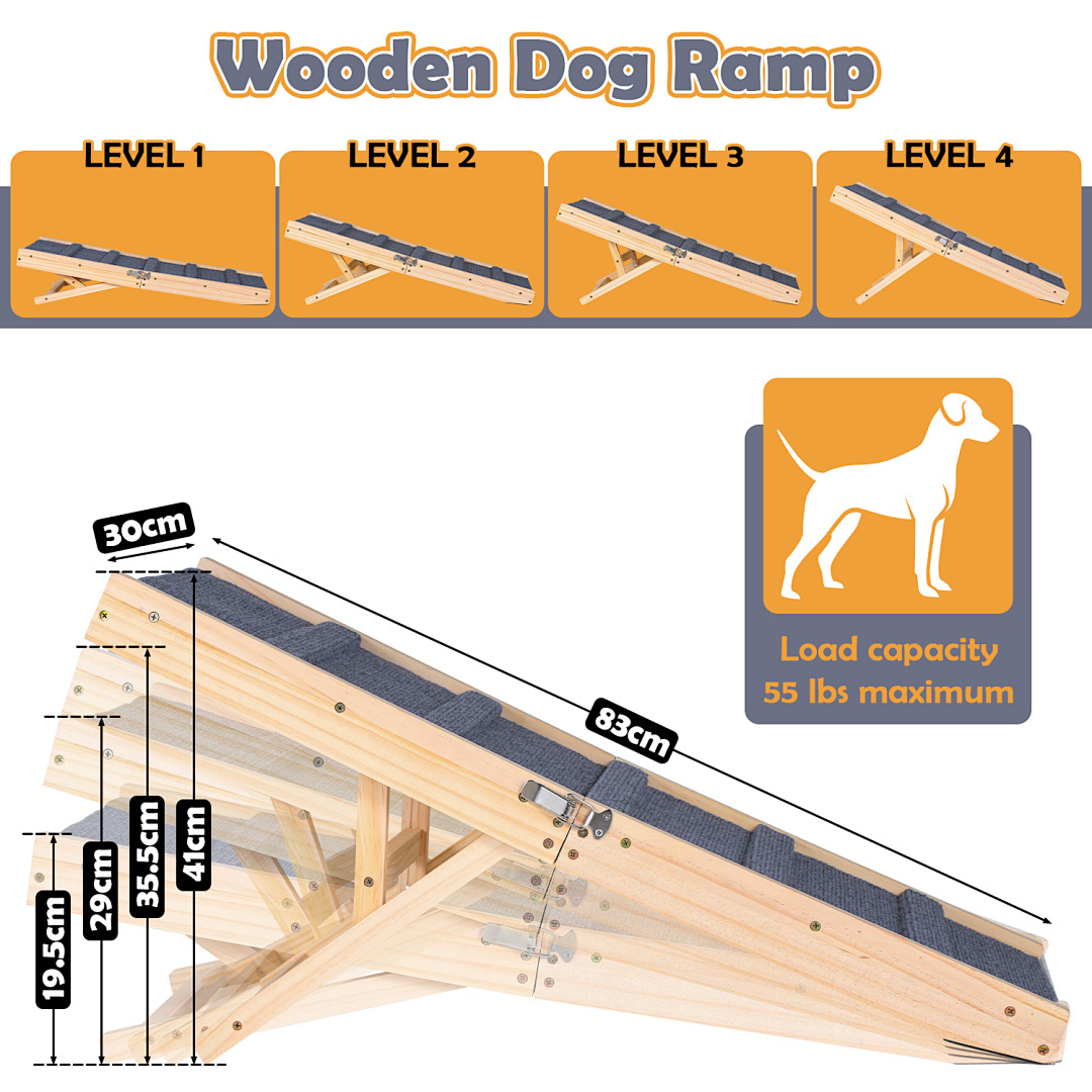Image of Foldable Dog Ramp Made Of Pine Wood | With Non-slip Carpet, Adjustable Height (19.5–41 Cm) | Perfect For Couch, Bed & Car – For Small
