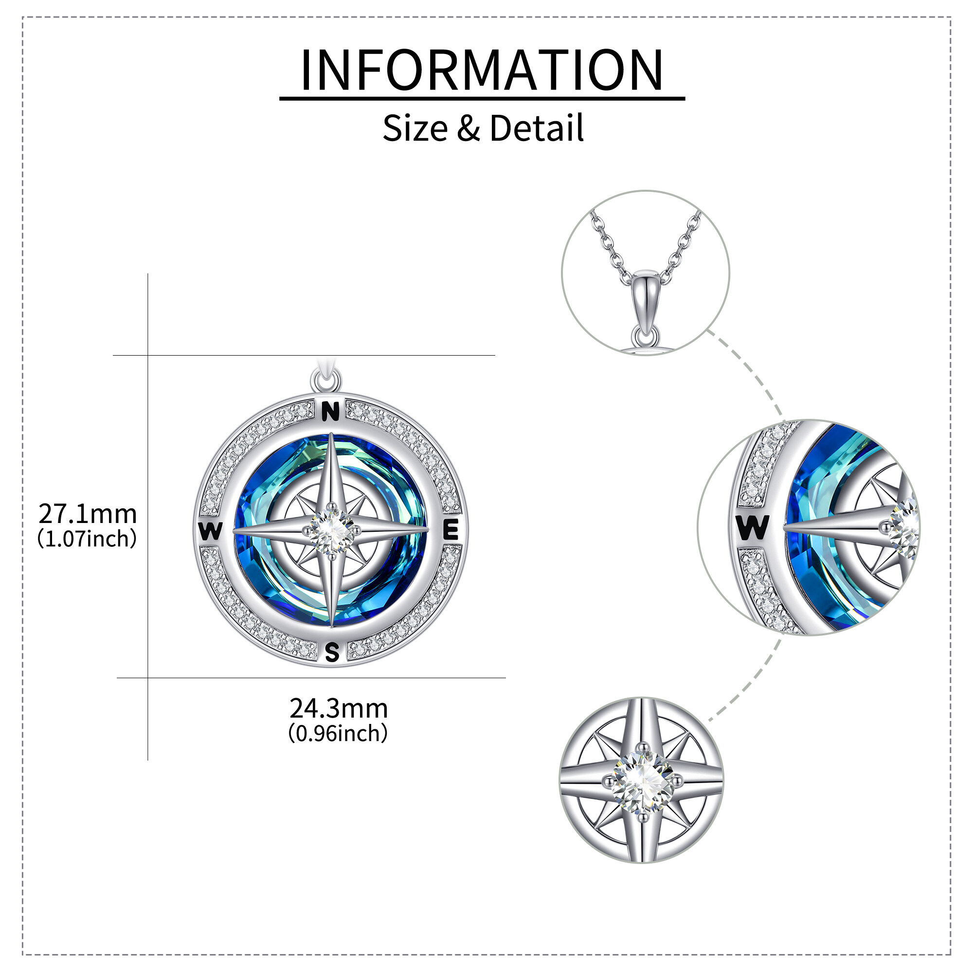 925 Sterling Silver Compass Necklace with Synthetic Zirconia