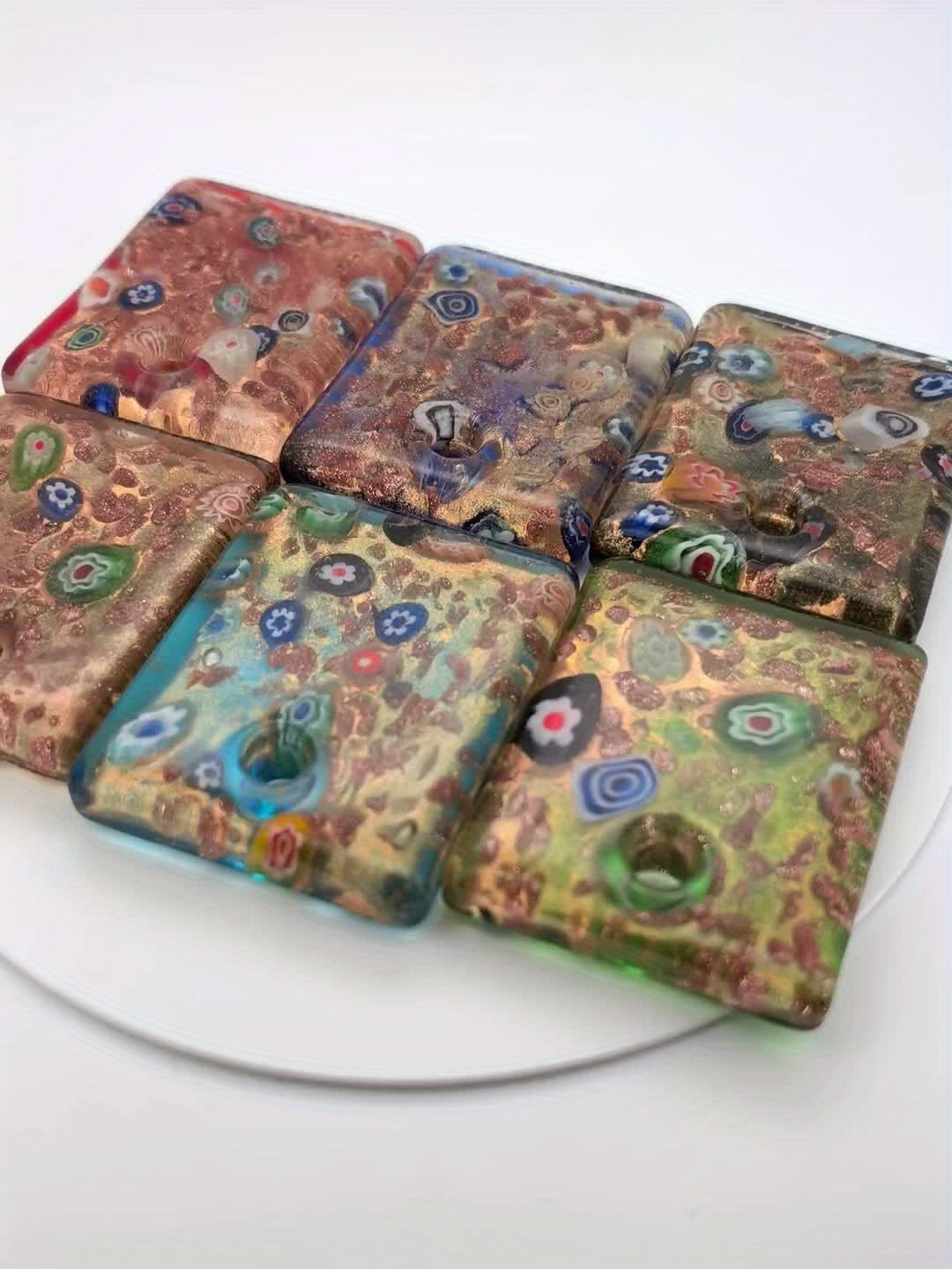 Hand-Fired Floral Pattern Square Glass Pendant Necklace