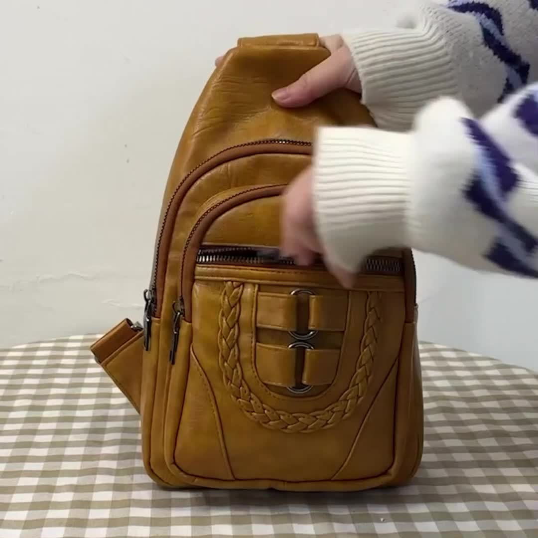 Vintage Braid Detail Chest Bag, Multi-compartment Textured Sling