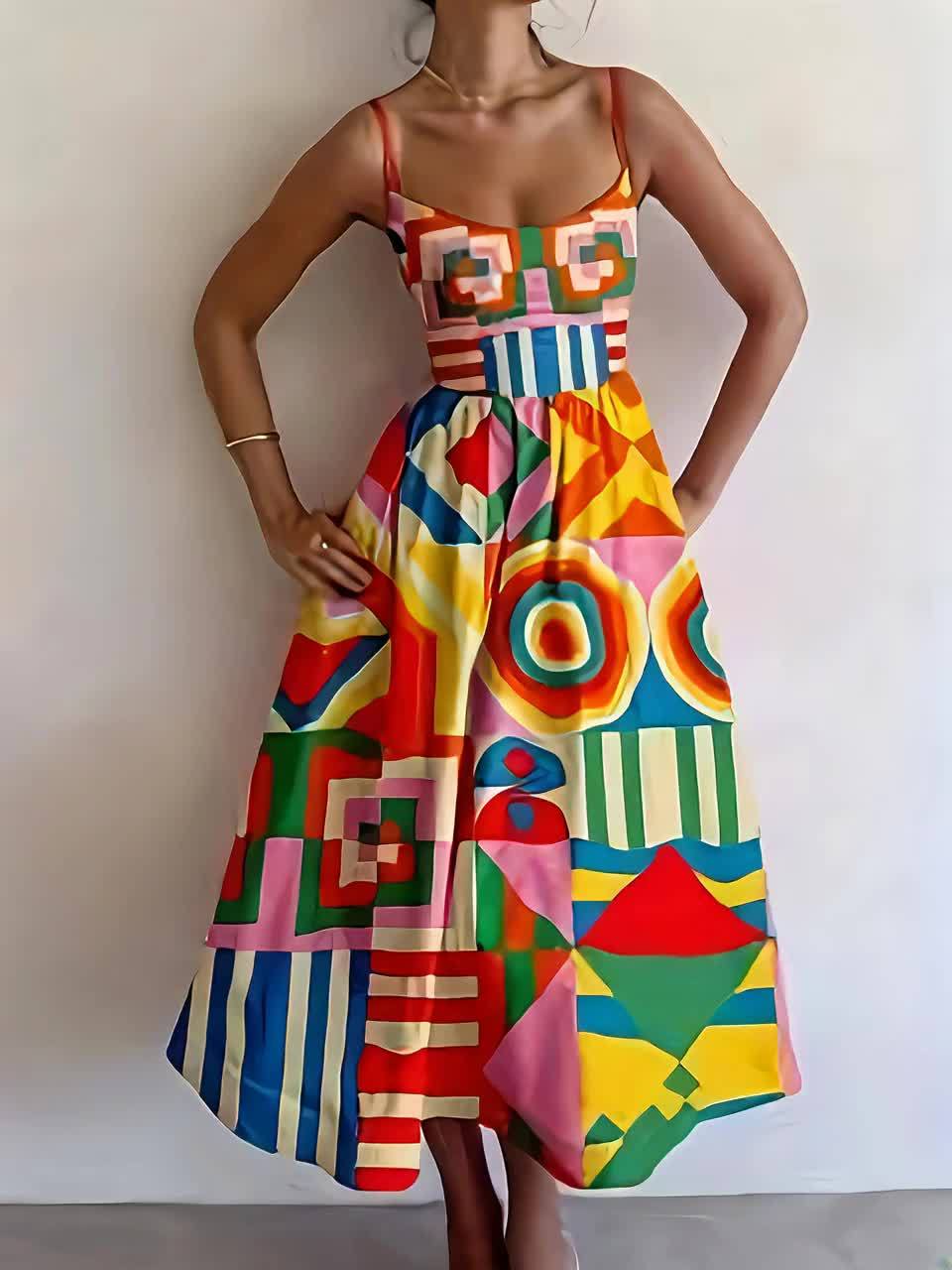 vibrant women's maxi dress colorful geometric print elegant