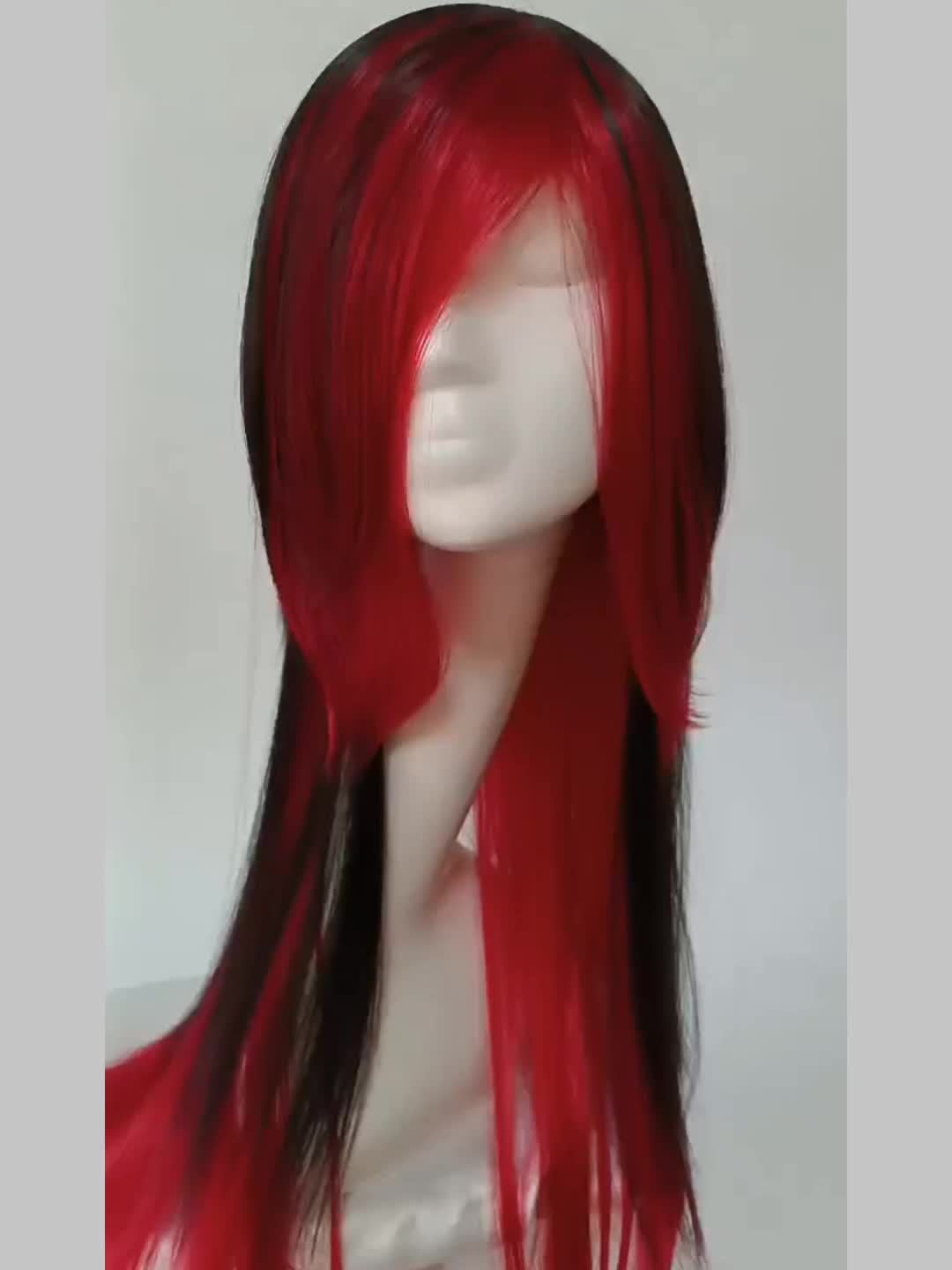 Highlight Black Red Wig Long Straight Wig Bangs Synthetic - Temu