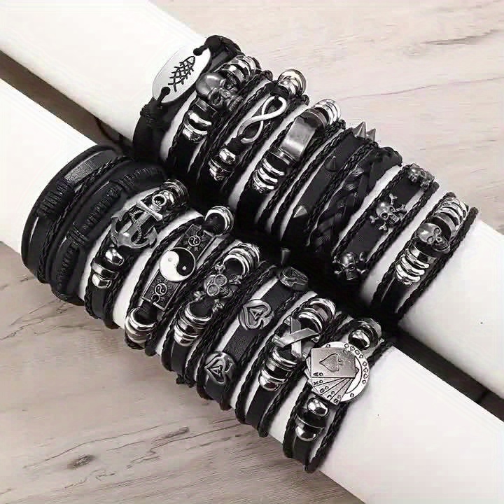 16pcs Adjustable Faux Leather Men's Bracelet Set