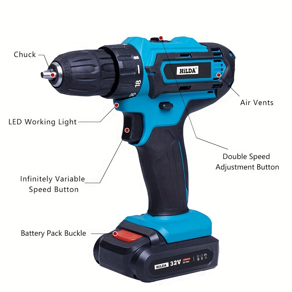 HiLDA 12V Cordless Drill with 21 Pcs Drill Set, 1300mAh Lithium-Ion  Cordless Electric Screwdriver 3/8 with Storage Bag and LED Light, 2  Variable