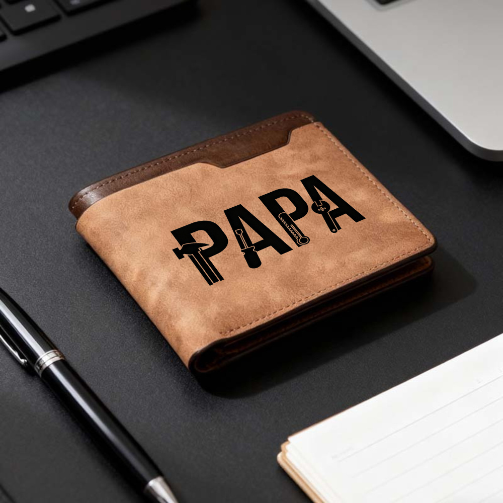 TEMU 1pc Tan Faux Leather Wallet For Men Featuring Embroidered Text 'papa', Perfect For Father's Day Gifts Or Everyday Use