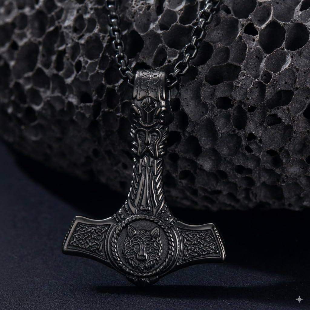 925 Silver Thor's Hammer Necklace with Black Celtic Knot & Wolf Design