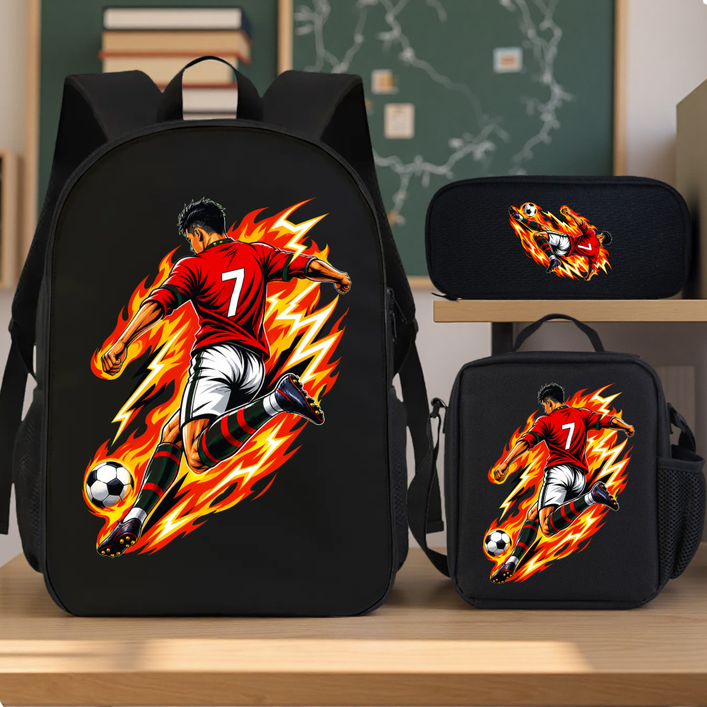 3pcs 2d Flat Printing Football Player Flame Lightning And Three-piece School Bag Set 3 In 1 School Bag Fun Printed Design Multicolor Casual Party Travel Birthday Great Gift For Son, For Teenager