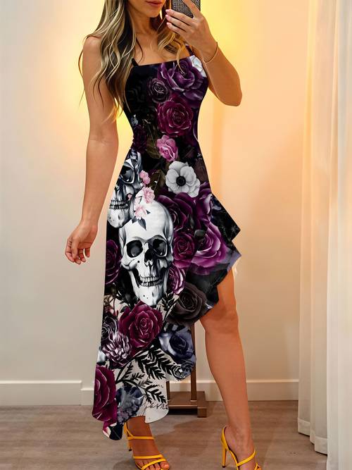 gothic style womens sleeveless split dress for casual sports scenes skull and rose floral print