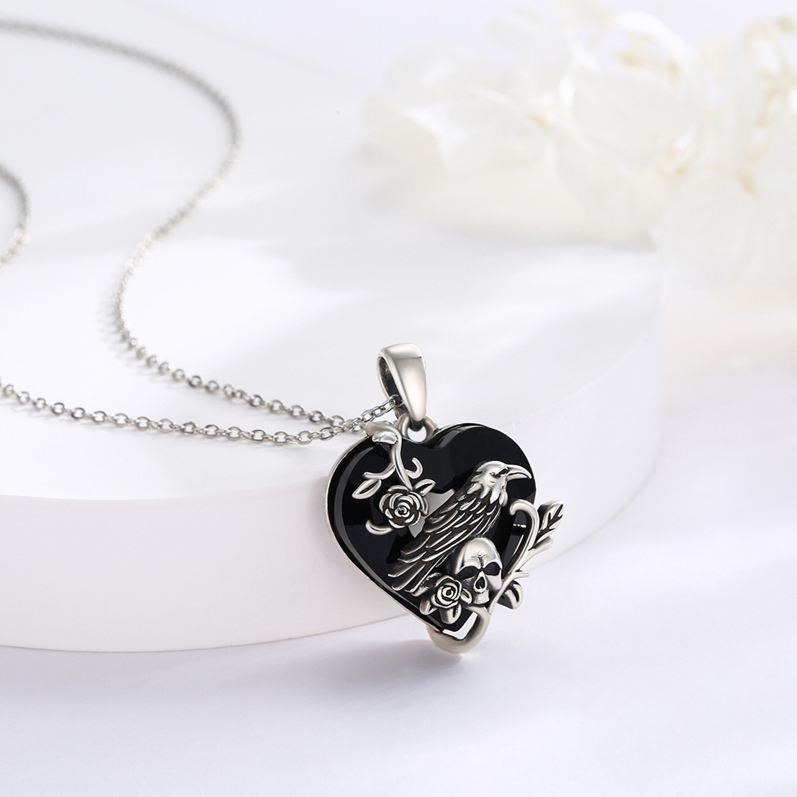 925 Sterling Silver Raven Skull Pendant Necklace, Gothic Gift